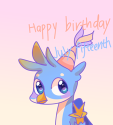 Size: 834x923 | Tagged: artist needed, source needed, safe, derpibooru import, gallus, griffon, birthday, blushing, cute, gallabetes, gradient background, looking at you, male, peace sign, solo, text