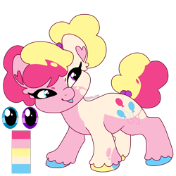 Size: 2000x2000 | Tagged: safe, artist:puppythekat (sofurry), derpibooru import, pinkie pie, earth pony, pony, alternate universe, colored hooves, female, hair bun, hairband, heterochromia, looking back, mare, pigtails, redesign, reference sheet, short, simple background, solo, transparent background, unshorn fetlocks