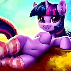 Size: 1082x1082 | Tagged: safe, derpibooru import, generator:purplesmart.ai, generator:stable diffusion, machine learning generated, twilight sparkle, unicorn twilight, pony, unicorn, belly button, clothes, ear fluff, ears, looking at you, lying down, on side, smiling, socks, solo, stockings, striped socks, thigh highs