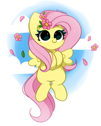 Size: 2794x3471 | Tagged: safe, artist:kittyrosie, derpibooru import, fluttershy, pegasus, pony, cute, female, flower, flower in hair, flying, mare, shyabetes, smiling, solo, spread wings, wings