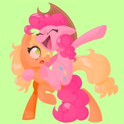 Size: 4000x4000 | Tagged: safe, artist:pastacrylic, derpibooru import, applejack, pinkie pie, earth pony, pony, applepie, female, green background, lesbian, shipping, simple background