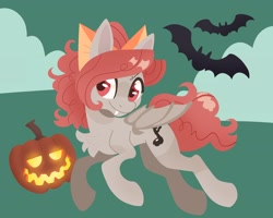 Size: 2048x1638 | Tagged: safe, artist:pastacrylic, derpibooru import, oc, oc only, bat, bat pony, pony, bat pony oc, blue background, chest fluff, cloud, cyan background, halloween, holiday, jack-o-lantern, pumpkin, simple background, solo