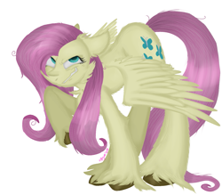 Size: 1349x1184 | Tagged: safe, artist:4agonism, derpibooru import, part of a set, mean fluttershy, pegasus, pony, the mean 6, ass up, bags under eyes, cheek fluff, chest fluff, clone, colored hooves, ear fluff, ears, ears back, evil grin, female, floppy ears, full body, grin, long tail, looking at you, mare, messy mane, raised hoof, raised leg, smiling, solo, spread wings, tail, unshorn fetlocks, wavy mouth, wings, wings down