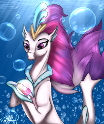 Size: 2827x3349 | Tagged: safe, artist:nutmeg04, derpibooru import, queen novo, seapony (g4), my little pony: the movie, bioluminescent, bubble, collar, colored pupils, crepuscular rays, crown, dorsal fin, eyelashes, female, fin wings, fins, flowing tail, glowing, glowing orb, jewelry, ocean, orb, purple eyes, purple mane, purple tail, purple wings, queen novo's orb, regalia, signature, smiling, solo, sunlight, swimming, tail, underwater, water, wings