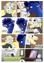 Size: 2100x3000 | Tagged: safe, artist:loryska, derpibooru import, fancypants, prince blueblood, princess celestia, oc, oc:daffodil, oc:indigo sky, diamond dog, pony, unicorn, comic:friendship grows, magical lesbian spawn, offspring, parent:trixie, parent:twilight sparkle, parents:twixie