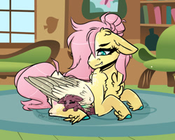 Size: 1280x1031 | Tagged: safe, artist:mr-snack, derpibooru import, fluttershy, oc, oc:meadow, pony, baby, baby pony, lying down, prone