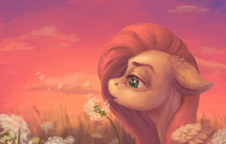 Size: 1222x781 | Tagged: safe, artist:violet-era, derpibooru import, fluttershy, pegasus, 2018, bust, cloud, comparison, dandelion, draw this again, portrait, profile, redraw, sunset