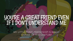 Size: 1920x1080 | Tagged: safe, derpibooru import, edit, edited screencap, editor:quoterific, screencap, pinkie pie, swarm of the century, musical instrument, solo