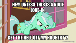 Size: 800x450 | Tagged: safe, derpibooru import, edit, edited screencap, screencap, lyra heartstrings, slice of life (episode), caption, futurama, image macro, text, we don't normally wear clothes