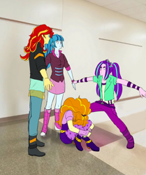 Size: 1922x2298 | Tagged: safe, artist:daazzlin, derpibooru import, adagio dazzle, aria blaze, sonata dusk, sunset shimmer, human, equestria girls, abuse, adagiabuse, arms spread out, asserting dominance, bully, bullying, dominance, female, fetal position, hallway, high res, meme, photoshop, ponified, ponified meme, surrounded, t pose, the dazzlings