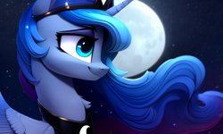 Size: 2560x1536 | Tagged: safe, derpibooru import, editor:darbarri, generator:stable diffusion, machine learning generated, princess luna, alicorn, close-up, cute, folded wings, moon, night, smiling, smirk, solo, stars, wallpaper, wings