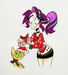 Size: 2501x2766 | Tagged: safe, artist:citi, derpibooru import, starlight glimmer, cat, human, blushing, christmas, christmas sweater, clothes, collar, grin, hat, holiday, holly, humanized, present, santa hat, smiling, sweater