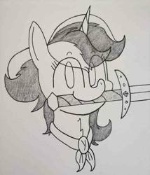 Size: 750x875 | Tagged: safe, artist:spoopygirl, derpibooru import, pony, unicorn, lineart, mouth hold, shading, sword, traditional art, weapon