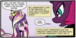 Size: 1334x671 | Tagged: safe, artist:andypriceart, derpibooru import, idw, princess cadance, tempest shadow, alicorn, pony, unicorn, g4, spoiler:comic, dialogue, duo, female, mare, monologue, speech bubble, talking, tempest's tale