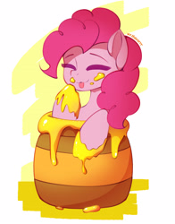 Size: 1692x2160 | Tagged: safe, artist:shavurrr, derpibooru import, pinkie pie, earth pony, pony, eyes closed, female, food, honey, solo