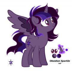 Size: 1280x1325 | Tagged: safe, artist:dustyygrey, artist:pegaskki, derpibooru import, oc, oc only, oc:obsidian sparkle, alicorn, alicorn oc, base used, colored wings, cutie mark, female, horn, magic, magic aura, mare, offspring, parent:king sombra, parent:twilight sparkle, parents:twibra, reference sheet, simple background, solo, white background, wings