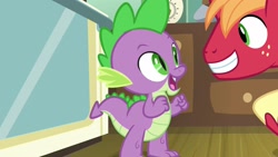 Size: 1920x1080 | Tagged: safe, derpibooru import, screencap, big macintosh, spike, dragon, earth pony, pony, season 8, the break up breakdown, spoiler:s08, 1080p, duo, grin, looking at each other, looking at someone, male, open mouth, open smile, smiling, stallion
