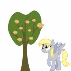 Size: 1000x1000 | Tagged: safe, artist:doshino, derpibooru exclusive, derpibooru import, derpy hooves, pegasus, pony, g4, animated, cross-eyed, exploitable meme, food, fuck physics, funny, gif, impossibly long neck, long neck, meme, muffin, neck, nope.avi, raised hoof, raised leg, show accurate, simple background, tree, wat, white background