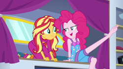 Size: 1920x1080 | Tagged: safe, derpibooru import, screencap, pinkie pie, sunset shimmer, better together, equestria girls, sunset's backstage pass!, barefoot, clothes, feet, one leg raised, pajamas