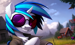 Size: 1280x768 | Tagged: safe, derpibooru exclusive, derpibooru import, editor:darbarri, generator:stable diffusion, machine learning generated, dj pon-3, vinyl scratch, semi-anthro, unicorn, clothes, detailed background, female, glasses, jacket, mare, smiling, wallpaper