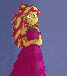 Size: 1822x2048 | Tagged: safe, artist:sunsetslight, derpibooru import, sunset shimmer, equestria girls, blushing, clothes, crossed arms, dress, ear piercing, earring, fall formal, jewelry, nail polish, piercing, ponytail, solo