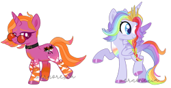 Size: 3464x1781 | Tagged: safe, artist:mint-light, artist:vernorexia, derpibooru import, oc, oc:destiny, oc:mimosa, alicorn, pony, unicorn, alicorn oc, base used, blaze (coat marking), braid, choker, coat markings, colored wings, commission, crown, duo, facial markings, female, gradient legs, gradient wings, hooves, horn, jewelry, lesbian, lesbian pride flag, long hair, multicolored hair, pride, pride flag, rainbow hair, regalia, short hair, signature, simple background, sunglasses, transparent background, undercut, unicorn oc, watermark, wings