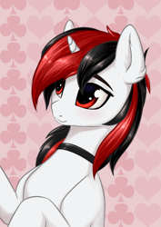 Size: 2749x3888 | Tagged: safe, artist:koshakevich, derpibooru import, oc, oc only, oc:blackjack, pony, unicorn, fallout equestria, fallout equestria: project horizons, abstract background, choker, fanfic art, female, horn, mare, small horn, solo