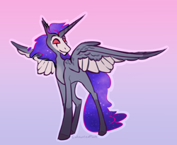 Size: 814x666 | Tagged: safe, artist:clankerss, derpibooru import, alicorn, demon, demon pony, pony, ethereal mane, galaxy mane, helluva boss, horn, no pupils, ponified, red eyes, solo, spread wings, stolas, wings