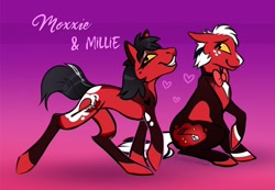 Size: 1190x824 | Tagged: safe, artist:clankerss, derpibooru import, demon, demon pony, earth pony, pony, bowtie, ears, female, floppy ears, gradient background, heart, helluva boss, husband and wife, imp, male, mare, married couple, millie (helluva boss), moxxie, ponified, pose, red eyes, smiling, stallion, yellow sclera