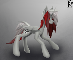 Size: 4000x3300 | Tagged: safe, artist:kirov, derpibooru import, oc, oc only, oc:morgensonne, alicorn, pony, angry, female, germany, gray background, gray coat, horn, iron cross, mare, multicolored hair, red eyes, simple background, solo, wings