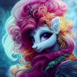 Size: 2048x2048 | Tagged: safe, derpibooru import, generator:purplesmart.ai, generator:stable diffusion, machine learning generated, oc, oc only, pony, blue background, blue coat, blurry background, curly hair, curly mane, ear fluff, ears, female, fluffy, i really like her mane, looking at you, mare, multicolored mane, purple eyes, simple background, solo