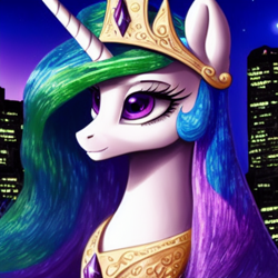 Size: 1024x1024 | Tagged: safe, derpibooru import, editor:dovakkins, generator:purplesmart.ai, generator:stable diffusion, machine learning generated, princess celestia, alicorn, pony, beautiful, bust, city, cityscape, cute, cutelestia, female, jewelry, portrait, regalia, smiling, solo