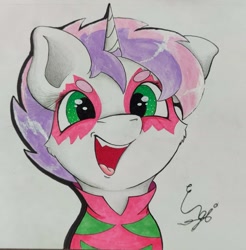 Size: 1661x1687 | Tagged: safe, artist:engi, derpibooru import, sweetie belle, pony, unicorn, the show stoppers, clothes, cute, eyebrows, female, filly, foal, happy, makeup, open mouth, show stopper outfits, simple background, solo, traditional art