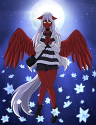Size: 985x1280 | Tagged: safe, artist:clouris, derpibooru import, oc, oc only, anthro, pegasus, bag, choker, clothes, female, full moon, hands together, moon, pegasus oc, shoes, skirt, solo, spread wings, stars, wings