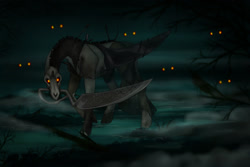 Size: 1280x853 | Tagged: safe, artist:clouris, derpibooru import, oc, oc only, pony, glowing, glowing eyes, mouth hold, outdoors