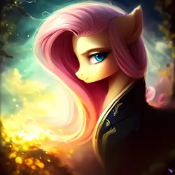 Size: 1024x1024 | Tagged: safe, derpibooru import, generator:purplesmart.ai, generator:stable diffusion, machine learning generated, fluttershy, pegasus, pony, clothes, female, mare, profile, smiling, solo, watermark, wingless