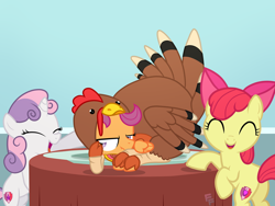 Size: 1440x1080 | Tagged: safe, artist:ponykittenboi, derpibooru import, apple bloom, scootaloo, sweetie belle, earth pony, pegasus, pony, unicorn, adorabloom, butt, clothes, costume, cute, cutealoo, diasweetes, holiday, laughing, platter, plot, scootachicken, scootaloo is not amused, scootaturkey, thanksgiving, the cmc's cutie marks, turkey costume, unamused