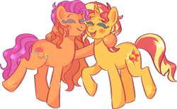 Size: 1073x663 | Tagged: safe, artist:troublelooksforme, derpibooru import, sunset shimmer, earth pony, pony, unicorn, g3, g4, blushing, cute, duo, eyes closed, female, g3 to g4, generation leap, simple background, tangerine sunset, transparent background