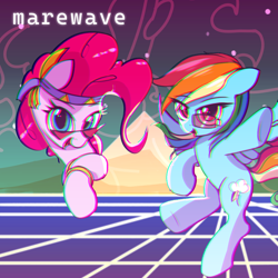 Size: 1280x1280 | Tagged: safe, artist:vultraz, derpibooru import, ponerpics import, pinkie pie, rainbow dash, earth pony, pegasus, pony, abstract background, album cover, chromatic aberration, cutie mark, duo, duo female, female, glasses, headband, jewelry, looking at you, mare, open mouth, ring, smiling, spread wings, synthwave, windswept mane, wings