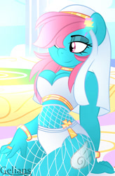 Size: 841x1280 | Tagged: safe, artist:gelians, derpibooru import, oc, oc:tannyo, anthro, pegasus, bracelet, breasts, cleavage, clothes, cloudsdale, eyelashes, eyeshadow, female, fishnet clothing, habit, hairclip, jewelry, lidded eyes, makeup, nun, pegasus oc, ring, smiling, solo