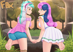 Size: 3425x2480 | Tagged: safe, artist:focusb, derpibooru import, bon bon, lyra heartstrings, sweetie drops, human, ass, barefoot, butt, clothes, feet, female, fetish, foot fetish, foot focus, humanized, shorts, soles, toes