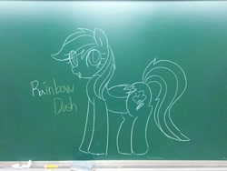 Size: 960x720 | Tagged: safe, artist:maren, derpibooru import, rainbow dash, pegasus, pony, 2013, chalkboard, doodle, female, irl, mare, old art, open mouth, photo, solo, traditional art