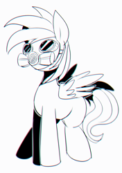 Size: 845x1200 | Tagged: safe, artist:maren, derpibooru import, rainbow dash, pegasus, pony, 2014, black and white, chromatic aberration, doodle, female, gas mask, grayscale, mare, mask, monochrome, old art, solo