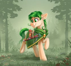 Size: 1200x1106 | Tagged: safe, artist:helmie-art, derpibooru import, oc, oc:lødvik, earth pony, pony, arrow, background, bow (weapon), cloak, clothes, flower, forest, green eyes, green mane, green tail, grin, raised hoof, raised leg, smiling, solo, tail