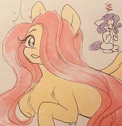 Size: 1982x2048 | Tagged: safe, artist:cherubisous, derpibooru import, fluttershy, rarity, pegasus, pony, unicorn, chest fluff, duo, ears, envy, female, floppy ears, hair over one eye, handkerchief, looking at you, mare, missing cutie mark, sitting, smiling, smiling at you, solo focus, traditional art