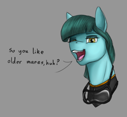 Size: 1200x1100 | Tagged: safe, artist:stray prey, derpibooru import, oc, oc only, oc:mako mom, earth pony, pony, female, goggles, looking at you, milf, open mouth, solo, talking to viewer