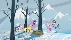 Size: 1920x1080 | Tagged: safe, artist:boneswolbach, artist:cloudyglow, artist:luckreza8, derpibooru import, applejack, fluttershy, pinkie pie, rainbow dash, rarity, twilight sparkle, twilight sparkle (alicorn), alicorn, earth pony, pegasus, pony, unicorn, best gift ever, bipedal, boots, clothes, cowboy hat, earmuffs, hat, mane six, mittens, nose in the air, open mouth, scarf, shoes, stetson, sunglasses, sweater, tree, winter
