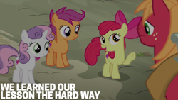 Size: 1920x1080 | Tagged: safe, derpibooru import, edit, edited screencap, editor:quoterific, screencap, apple bloom, big macintosh, scootaloo, sweetie belle, hard to say anything, cutie mark crusaders