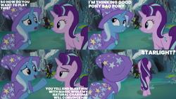 Size: 4400x2475 | Tagged: safe, derpibooru import, edit, edited screencap, editor:quoterific, screencap, pharynx, starlight glimmer, trixie, to change a changeling