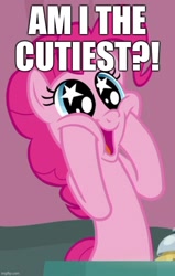 Size: 542x853 | Tagged: safe, derpibooru import, edit, edited screencap, screencap, pinkie pie, pony, a trivial pursuit, g4, caption, cute, diapinkes, drake & josh, image macro, misspelling, smiling, starry eyes, text, wingding eyes